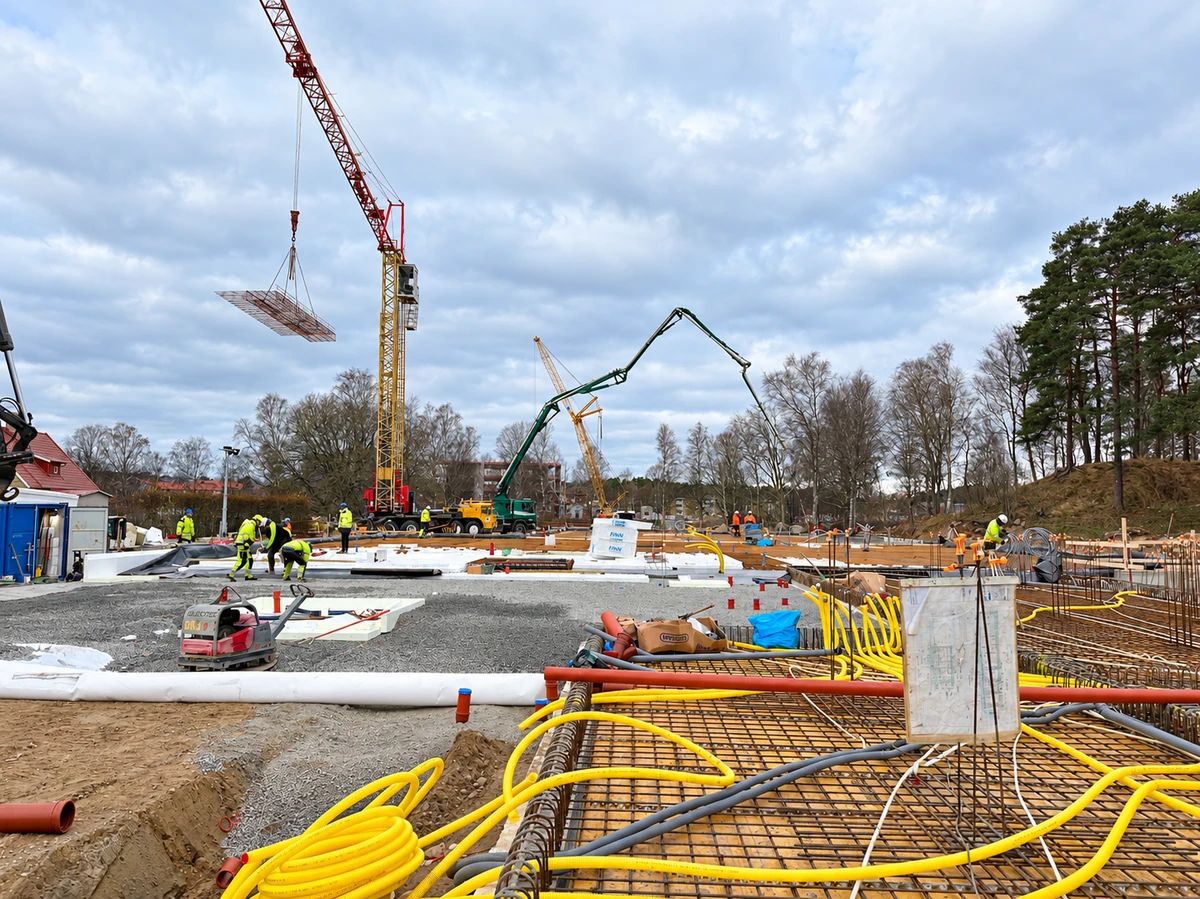 Byggarbetsplats med kranar, betongpump och medarbetare som arbetar med grundläggning.