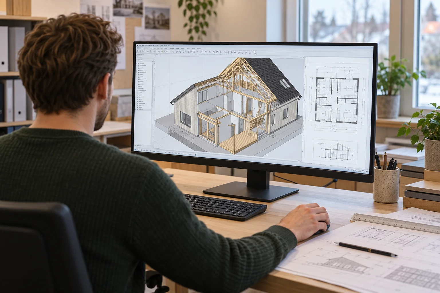 Illustrationsbild av en person som arbetar med husritningar och en 3D-modell på en dator.